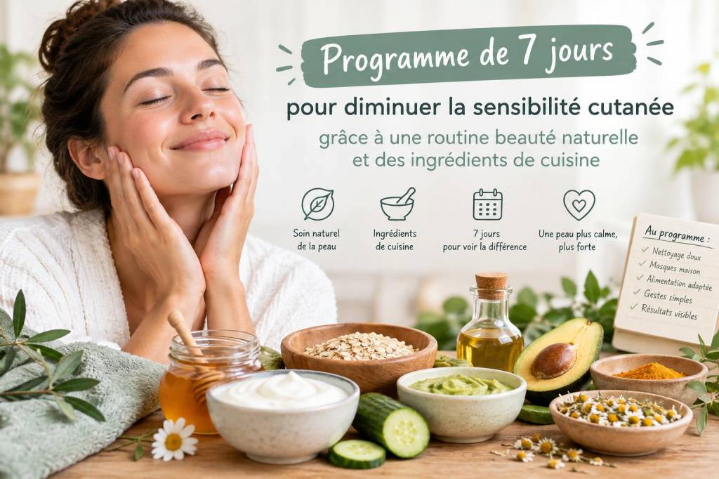 Programme de 7 jours pour diminuer la sensibilité cutanée grâce à une routine beauté naturelle et ingrédients de cuisine